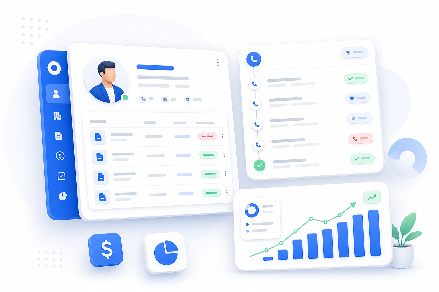 Customer CRM with outstanding invoices, call history timeline, and receivables analytics